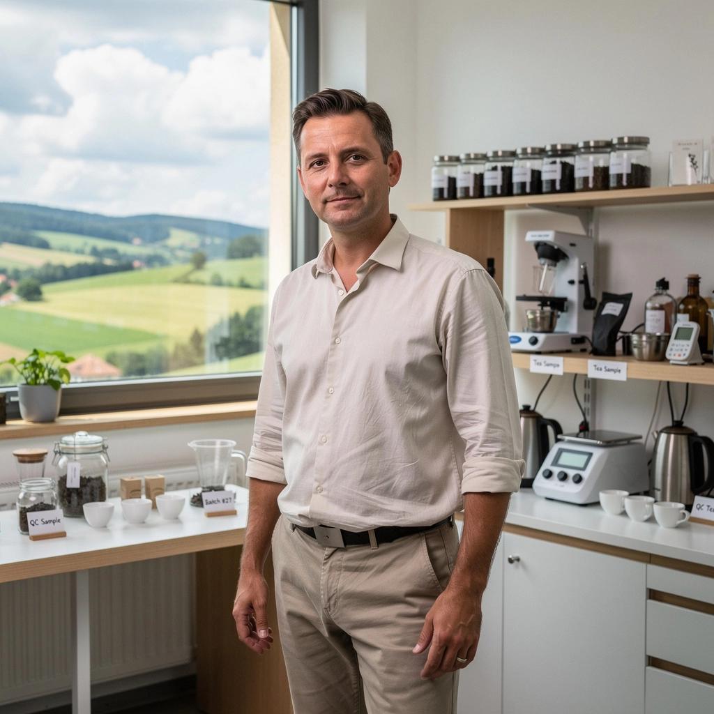 Čerstvé bylinky a kvety usporiadané na drevenom stole pred šálkou čaju.