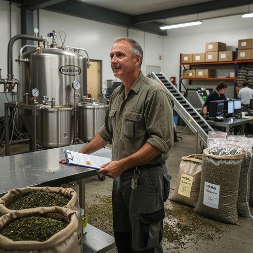 Ručne zbierané bylinky v sklenenej nádobe vedľa šálky čaju na terase.